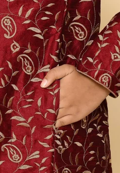 Embroidered Dupion Silk Sherwani Set in Maroon