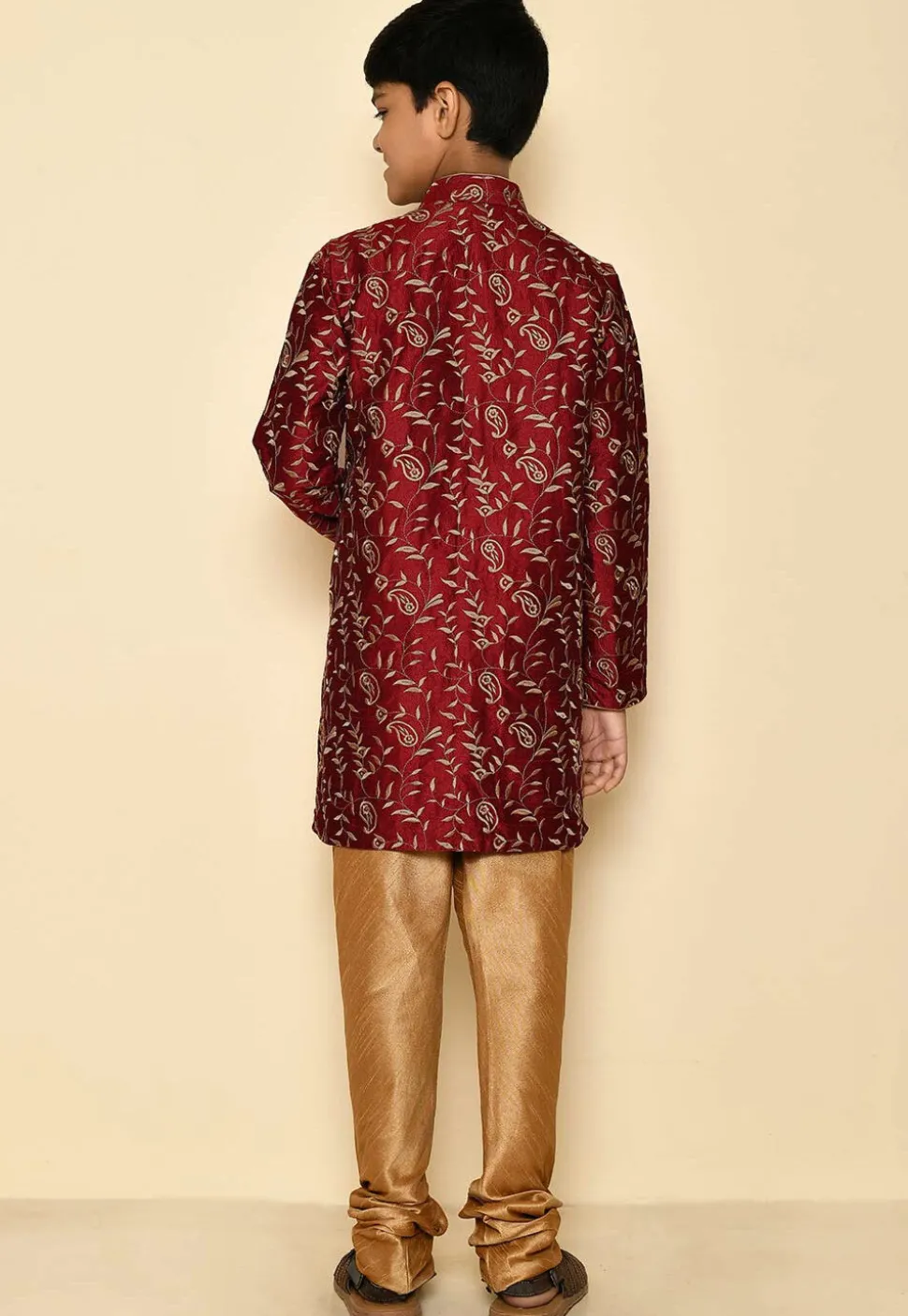 Embroidered Dupion Silk Sherwani Set in Maroon