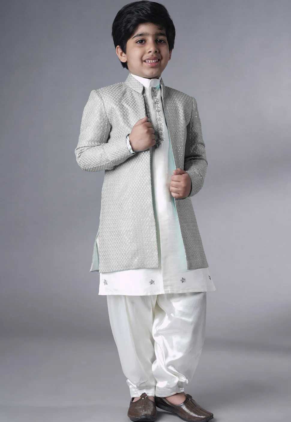 Embroidered Dupion Silk Sherwani Set in Off White and Grey