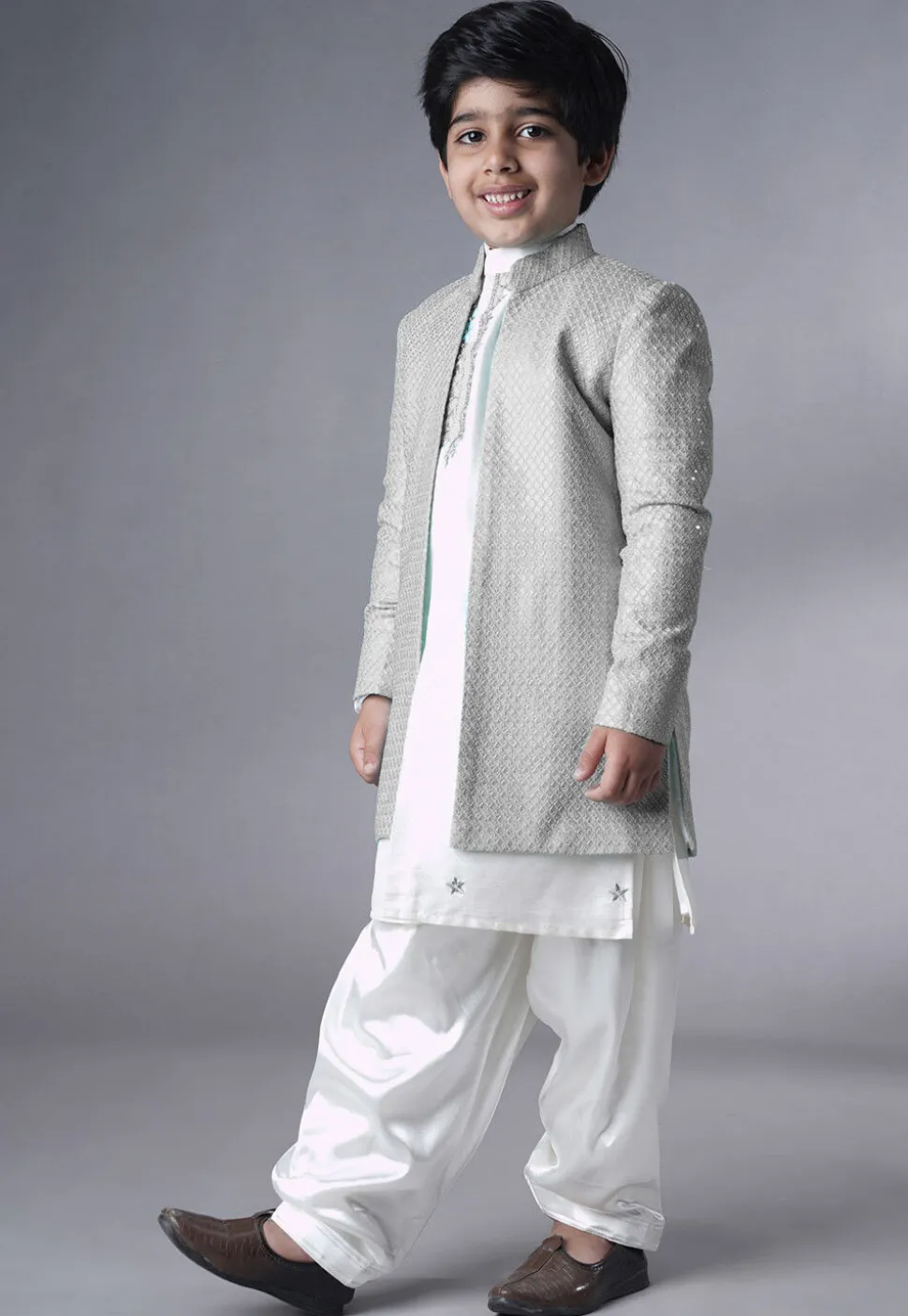 Embroidered Dupion Silk Sherwani Set in Off White and Grey