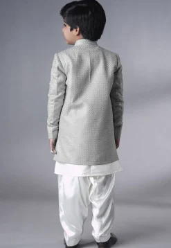 Embroidered Dupion Silk Sherwani Set in Off White and Grey