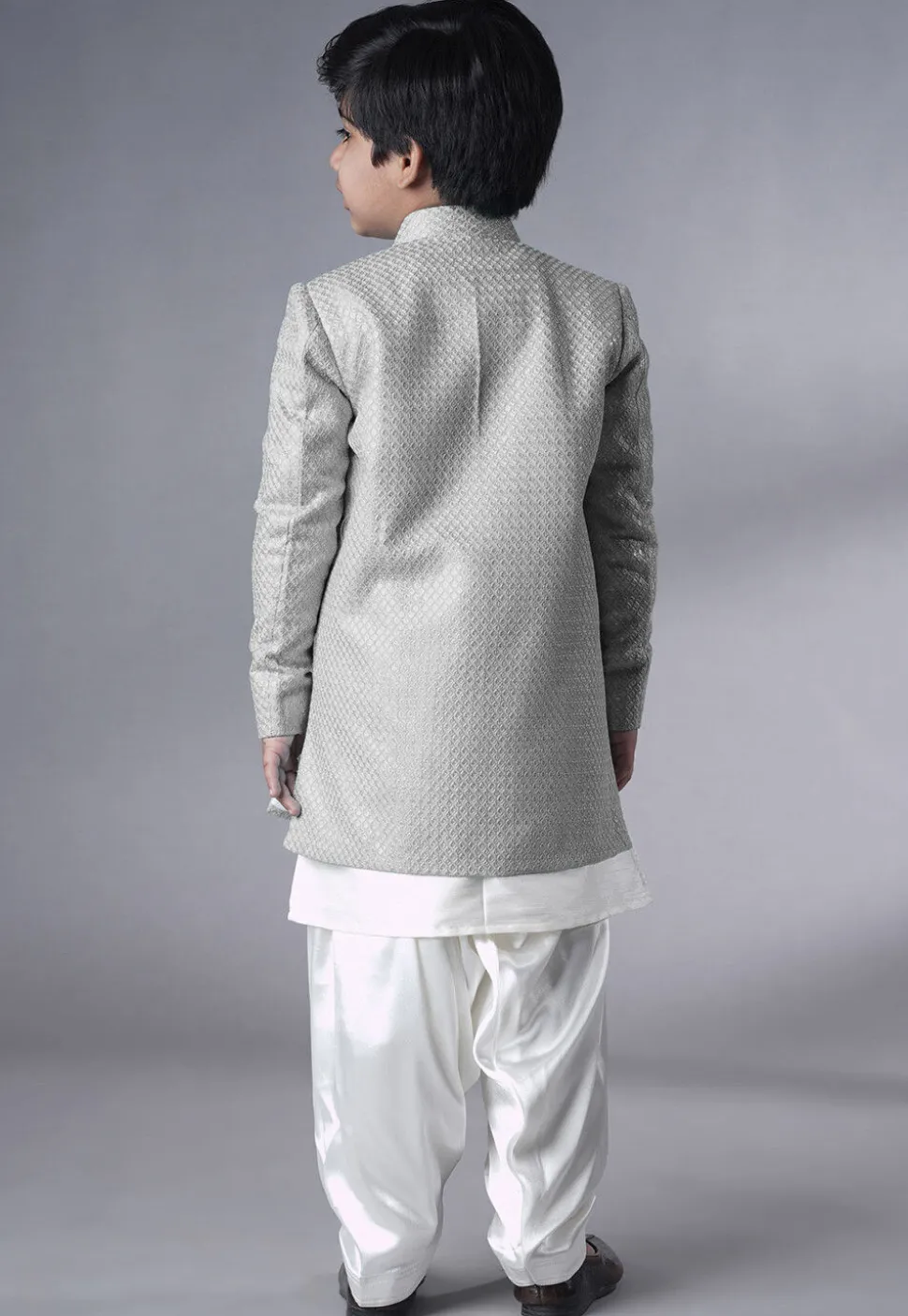 Embroidered Dupion Silk Sherwani Set in Off White and Grey