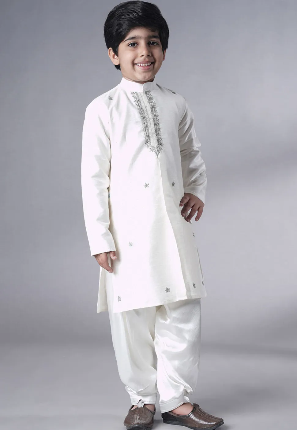 Embroidered Dupion Silk Sherwani Set in Off White and Grey