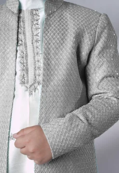 Embroidered Dupion Silk Sherwani Set in Off White and Grey