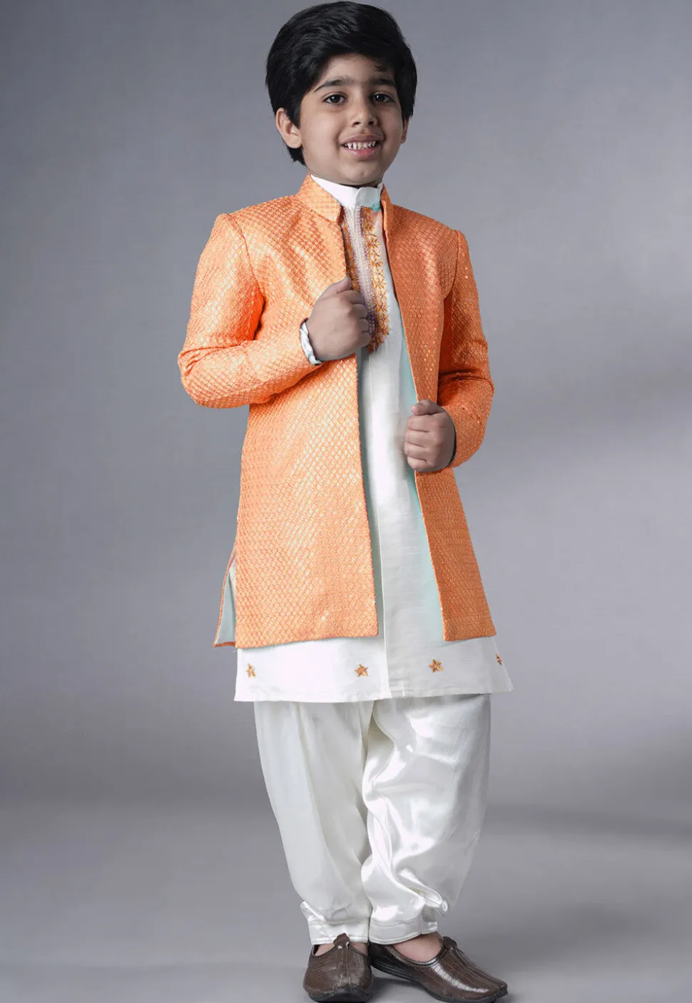 Embroidered Dupion Silk Sherwani Set in Off White and Peach