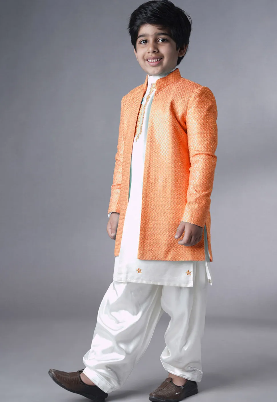 Embroidered Dupion Silk Sherwani Set in Off White and Peach