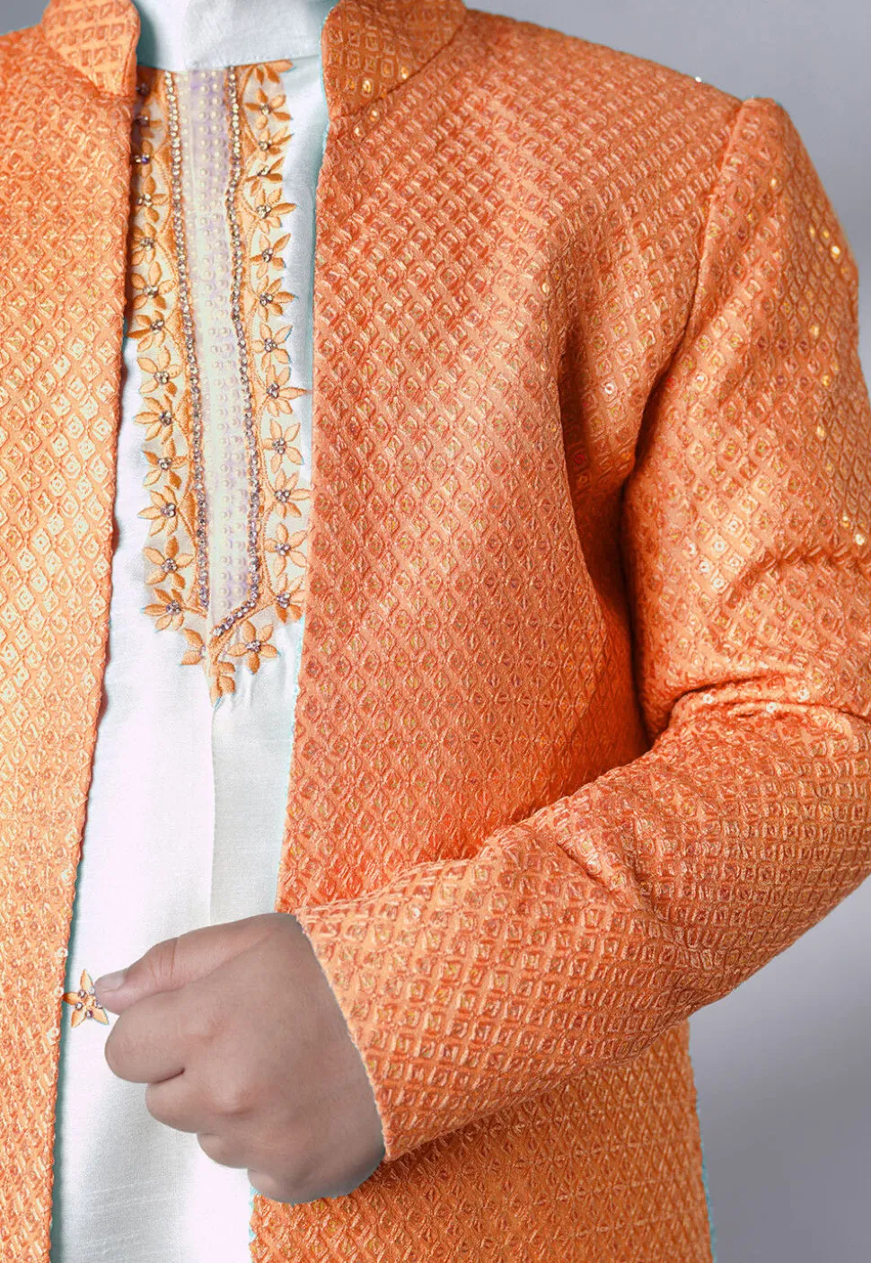 Embroidered Dupion Silk Sherwani Set in Off White and Peach