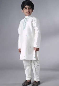 Embroidered Dupion Silk Sherwani Set in Off White