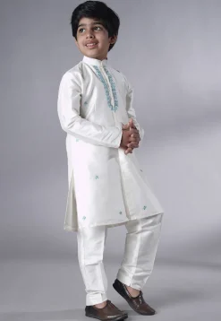 Embroidered Dupion Silk Sherwani Set in Off White