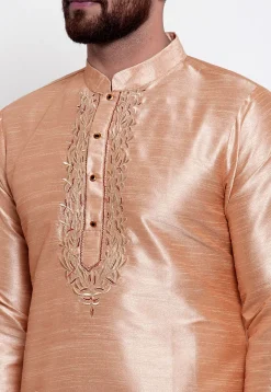 Embroidered Dupion Silk Short Kurta in Light Beige
