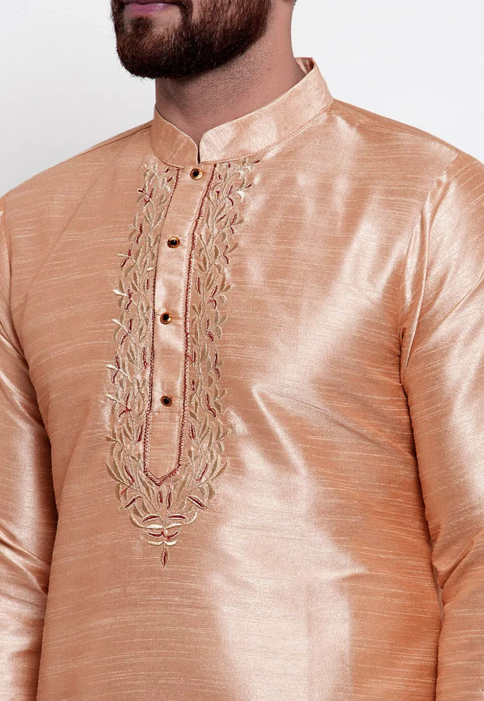 Embroidered Dupion Silk Short Kurta in Light Beige