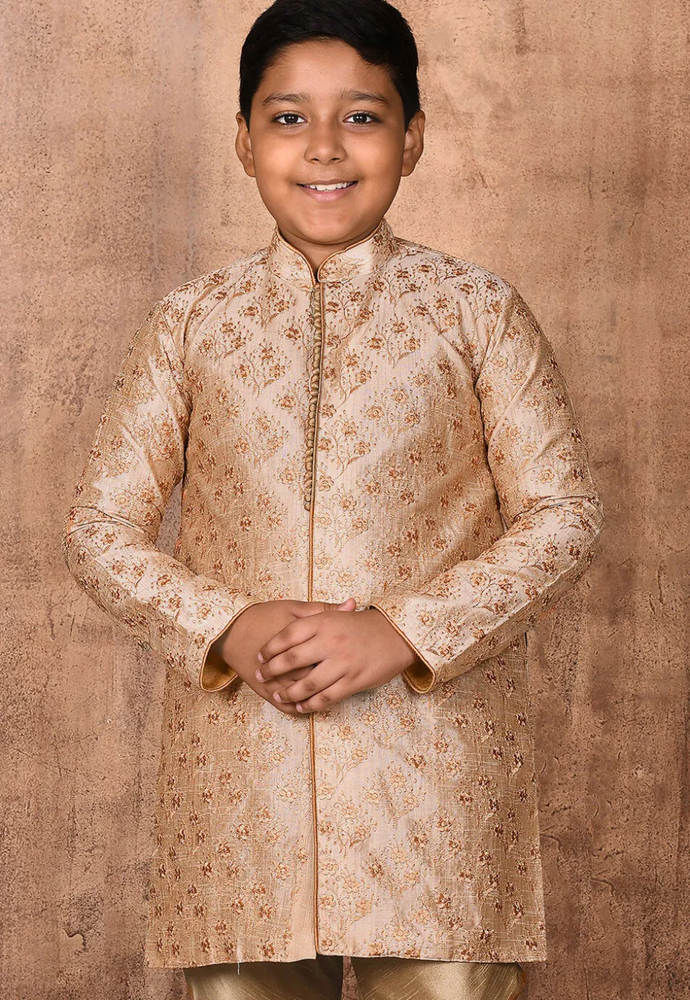 Embroidered Dupion Silk Sherwani in Beige