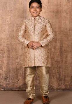 Embroidered Dupion Silk Sherwani in Beige