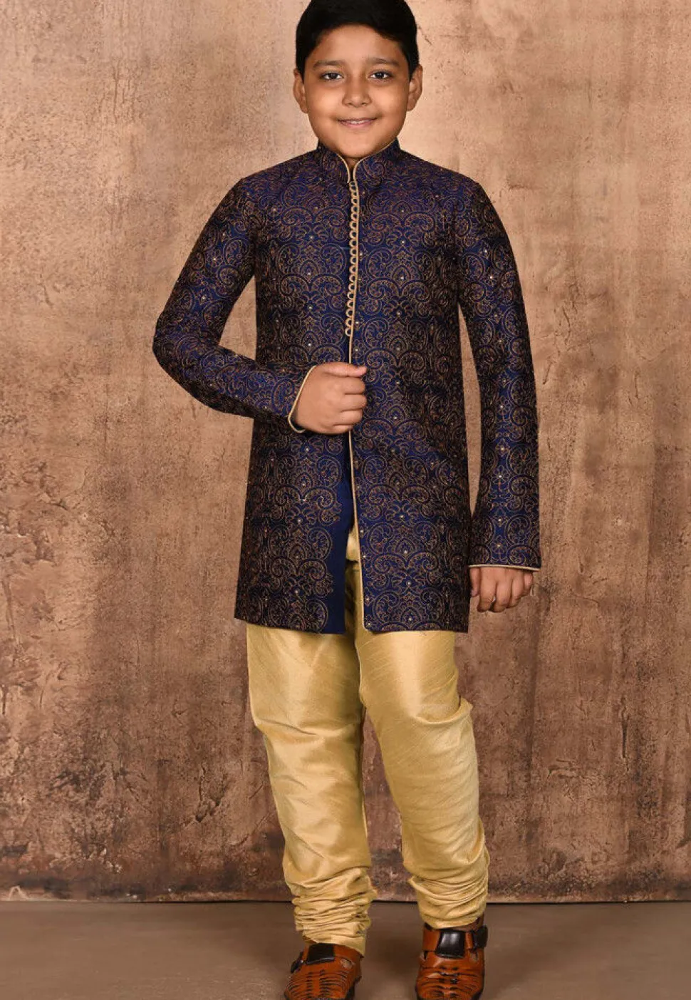 Embroidered Dupion Silk Sherwani Set in Navy Blue