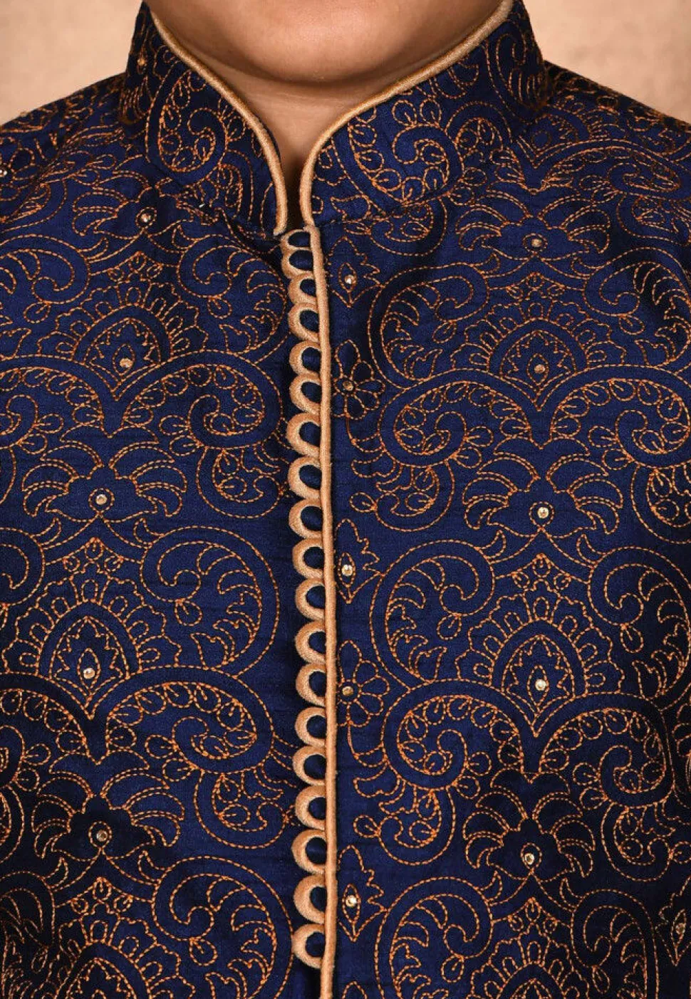 Embroidered Dupion Silk Sherwani Set in Navy Blue