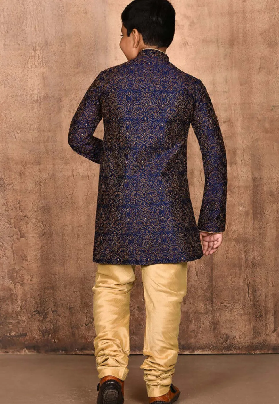 Embroidered Dupion Silk Sherwani Set in Navy Blue