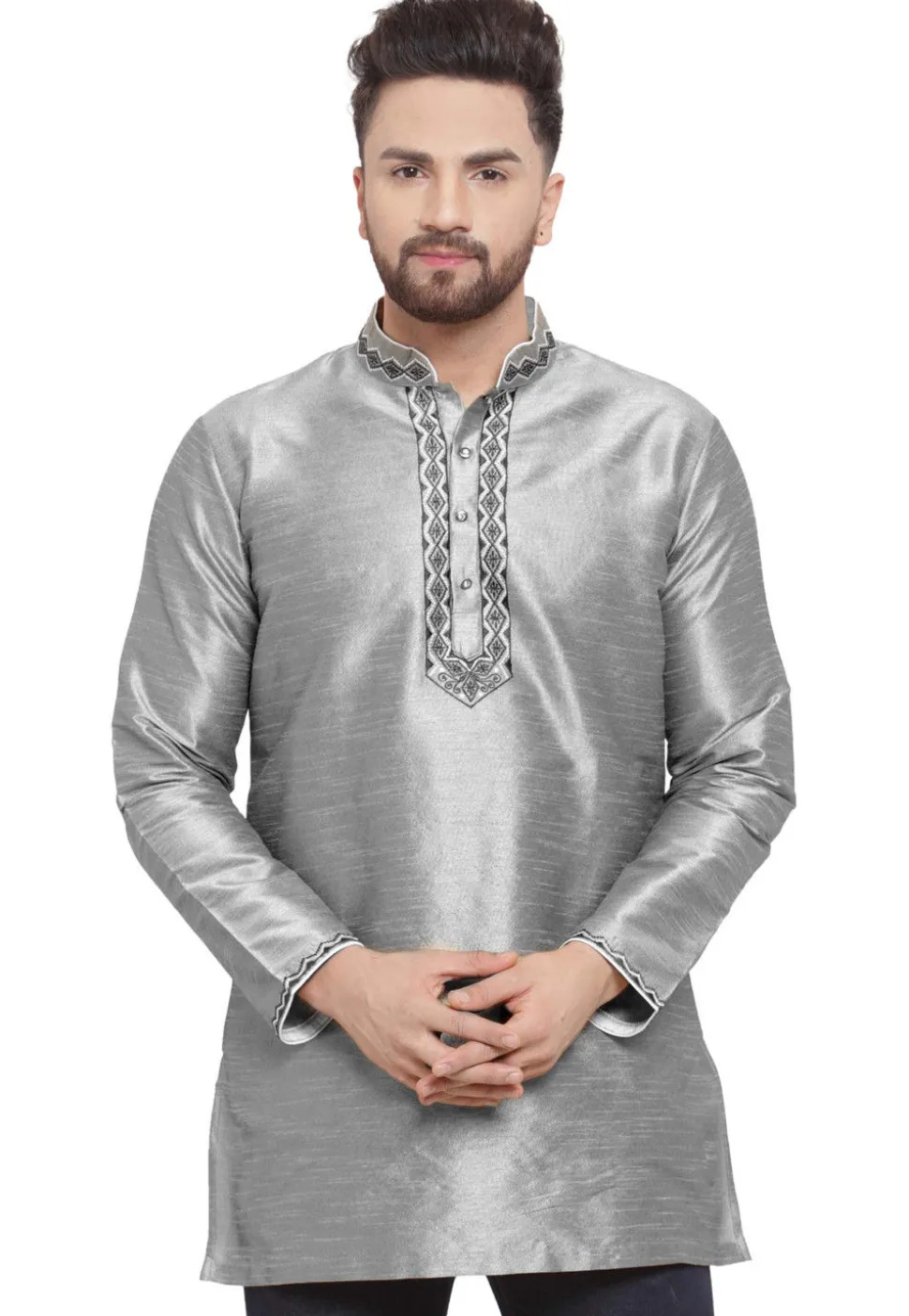 Embroidered Dupion Silk Short Kurta in Grey