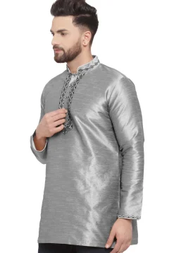 Embroidered Dupion Silk Short Kurta in Grey