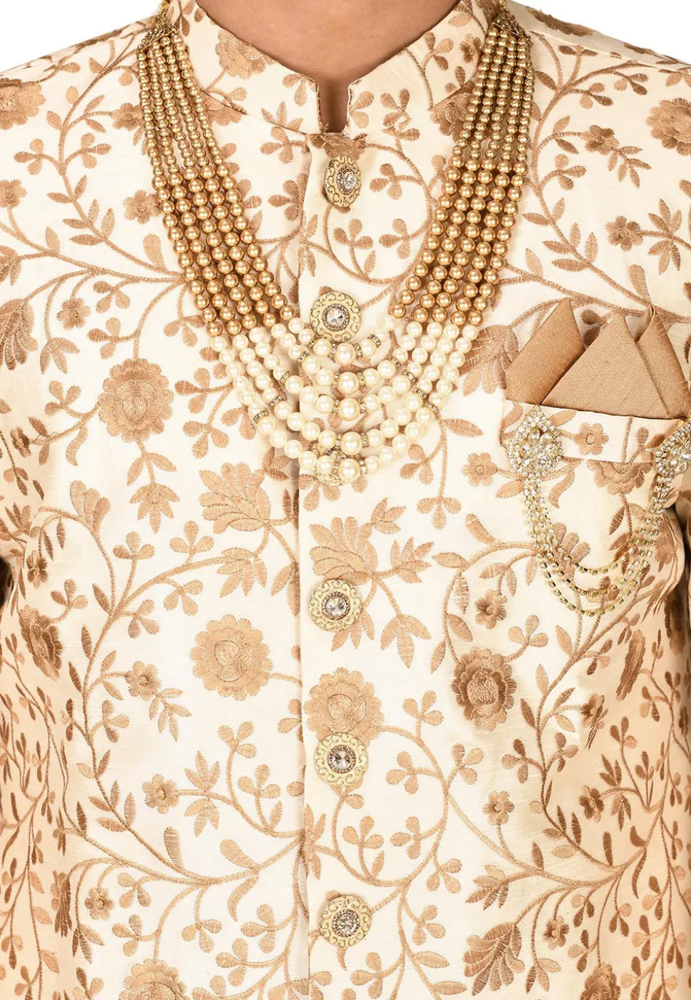 Embroidered Dupion Silk Sherwani in Cream