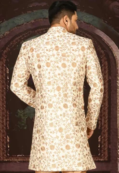 Embroidered Dupion Silk Sherwani in Cream