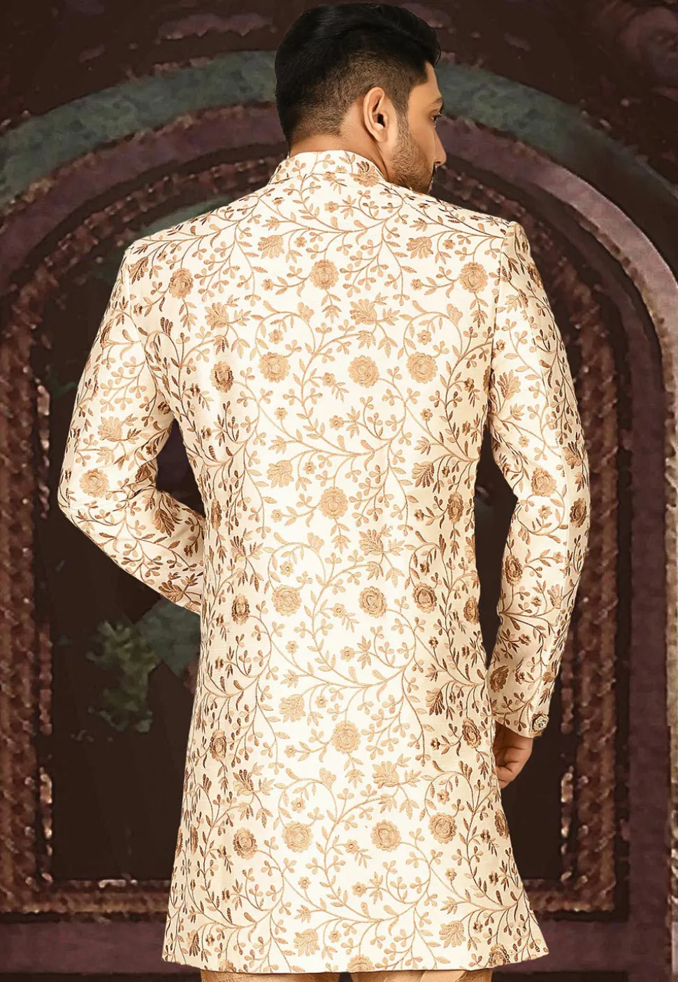 Embroidered Dupion Silk Sherwani in Cream