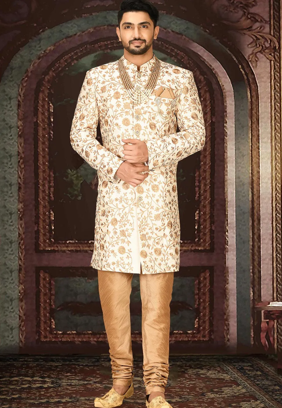 Embroidered Dupion Silk Sherwani in Cream