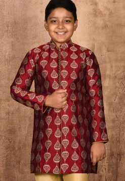 Embroidered Dupion Silk Sherwani in Maroon