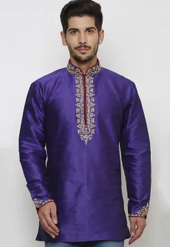 Embroidered Dupion Silk Short Kurta in Indigo Blue