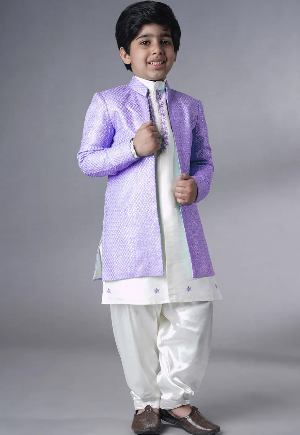 Embroidered Dupion Silk Sherwani Set in Off White and Light Purple