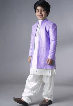 Embroidered Dupion Silk Sherwani Set in Off White and Light Purple