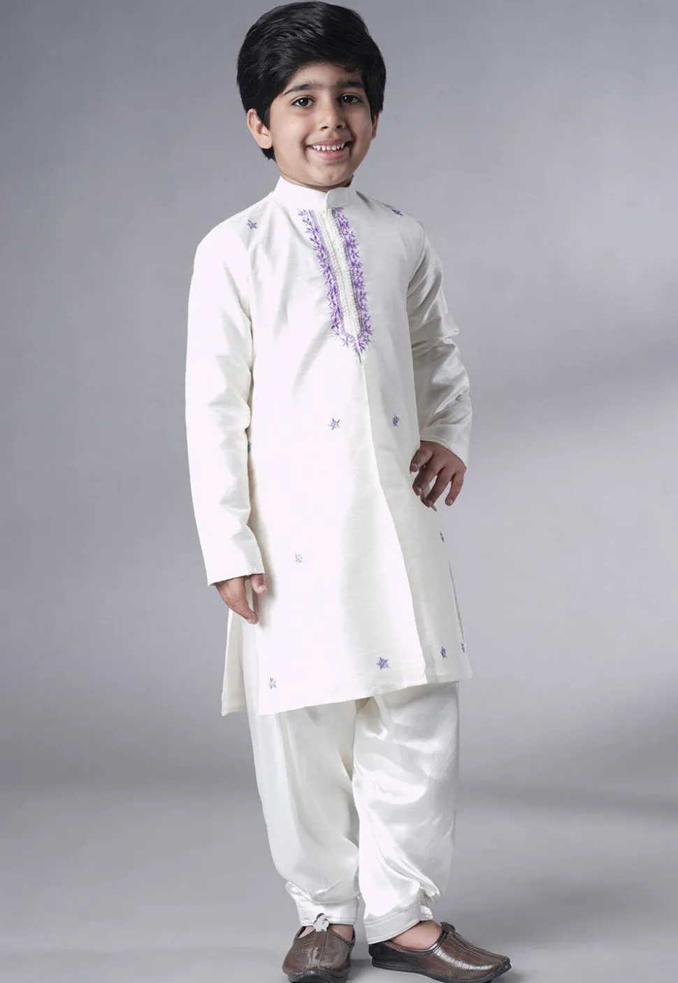 Embroidered Dupion Silk Sherwani Set in Off White and Light Purple