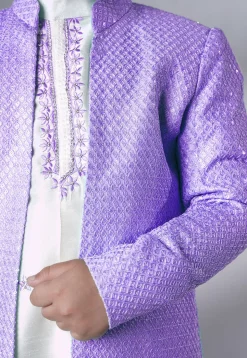 Embroidered Dupion Silk Sherwani Set in Off White and Light Purple