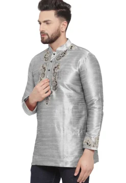 Embroidered Dupion Silk Short Kurta in Grey