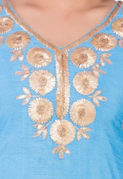 Embroidered Dupion Silk Straight Suit in Light Blue