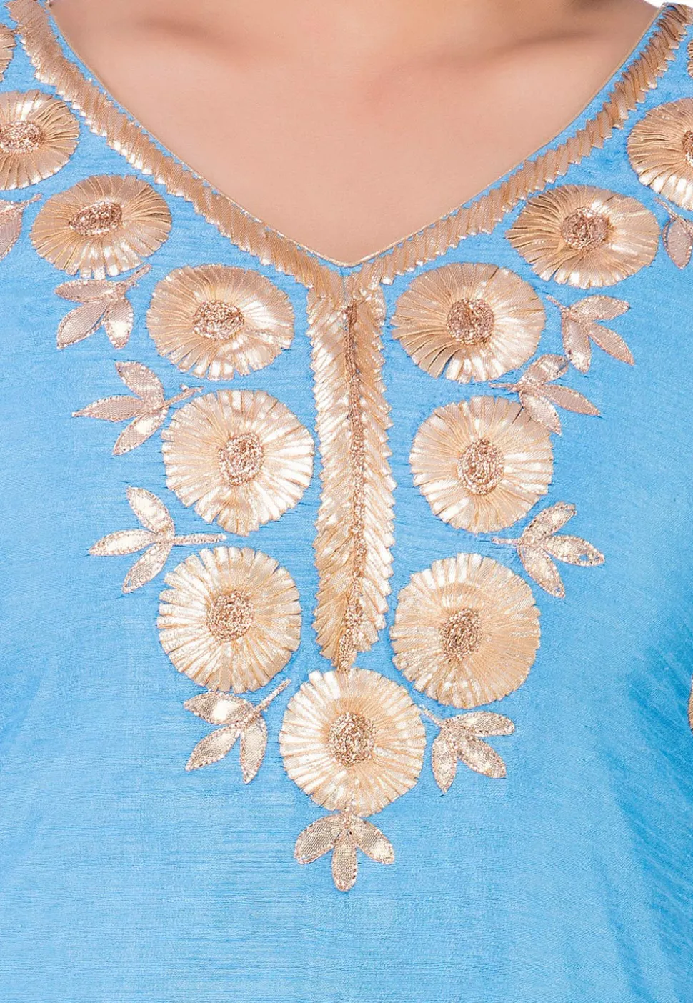 Embroidered Dupion Silk Straight Suit in Light Blue