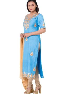 Embroidered Dupion Silk Straight Suit in Light Blue