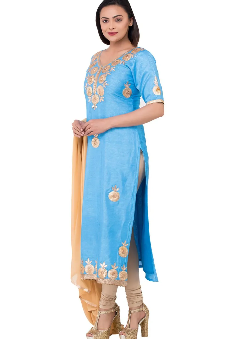 Embroidered Dupion Silk Straight Suit in Light Blue
