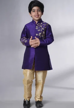 Embroidered Dupion Silk Sherwani Set in Dark Blue