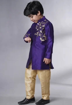 Embroidered Dupion Silk Sherwani Set in Dark Blue