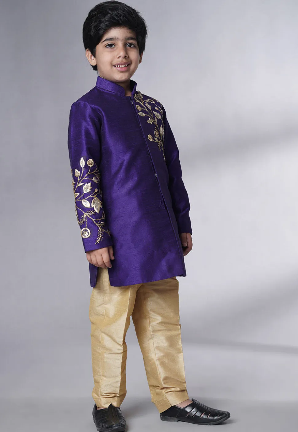 Embroidered Dupion Silk Sherwani Set in Dark Blue