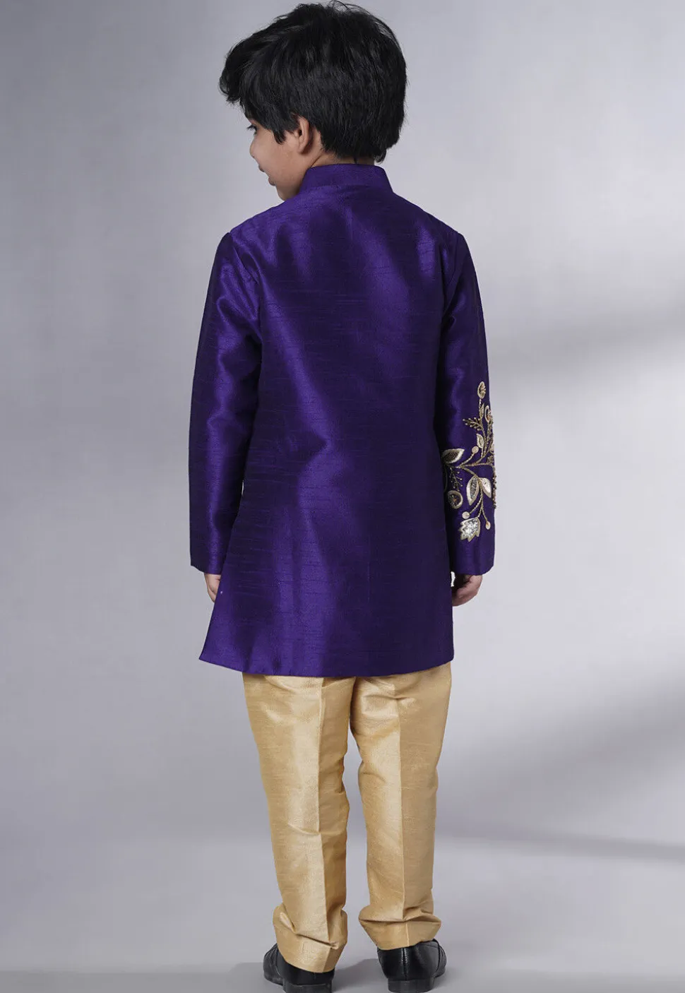 Embroidered Dupion Silk Sherwani Set in Dark Blue
