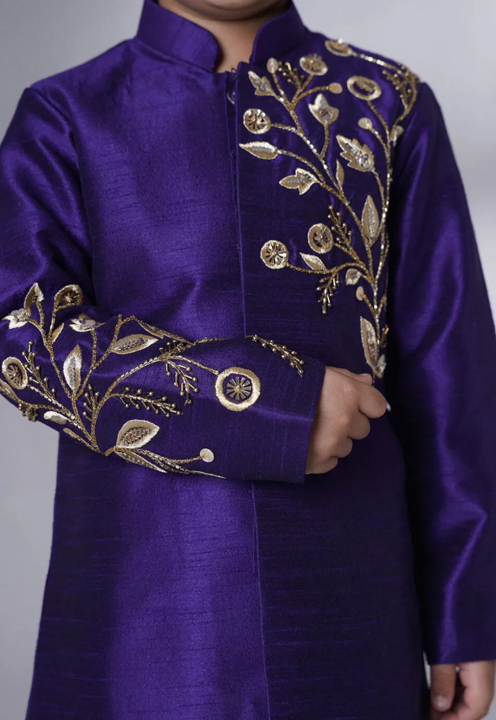 Embroidered Dupion Silk Sherwani Set in Dark Blue
