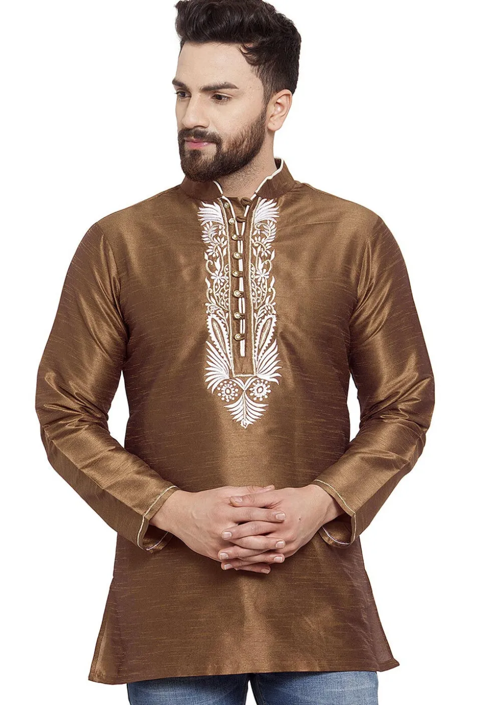 Embroidered Dupion Silk Short Kurta in Brown