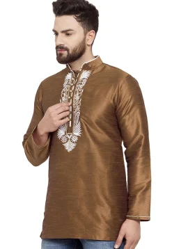 Embroidered Dupion Silk Short Kurta in Brown