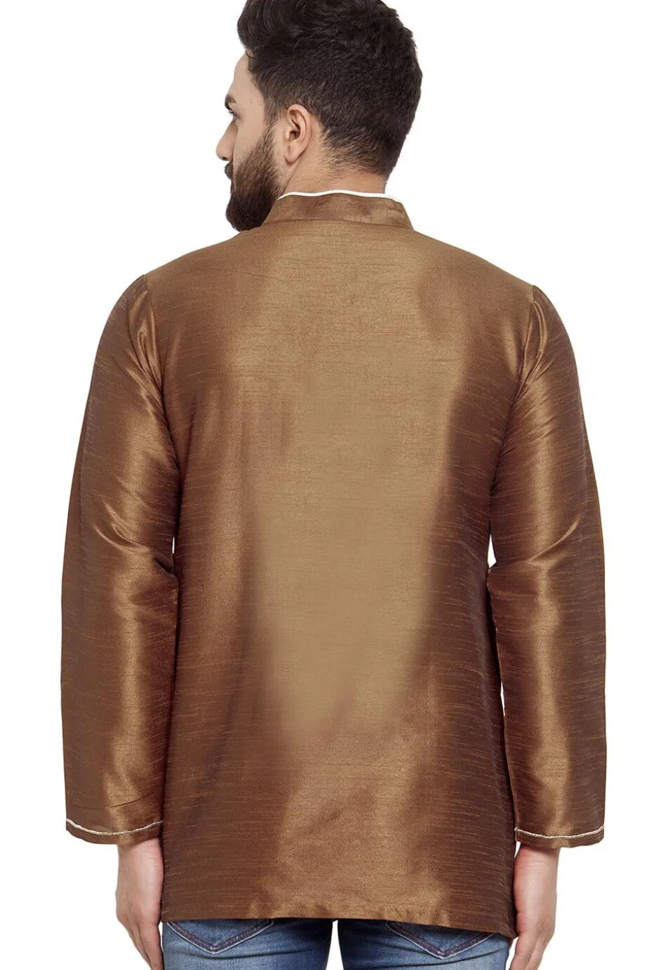 Embroidered Dupion Silk Short Kurta in Brown