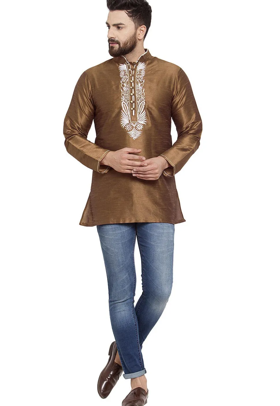 Embroidered Dupion Silk Short Kurta in Brown