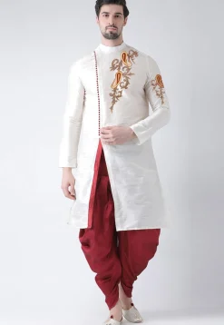 Embroidered Dupion Silk Side Slit Dhoti Kurta in White