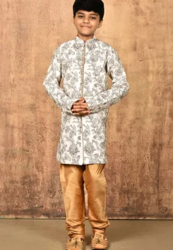 Embroidered Dupion Silk Sherwani Set in Cream