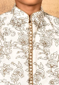Embroidered Dupion Silk Sherwani Set in Cream