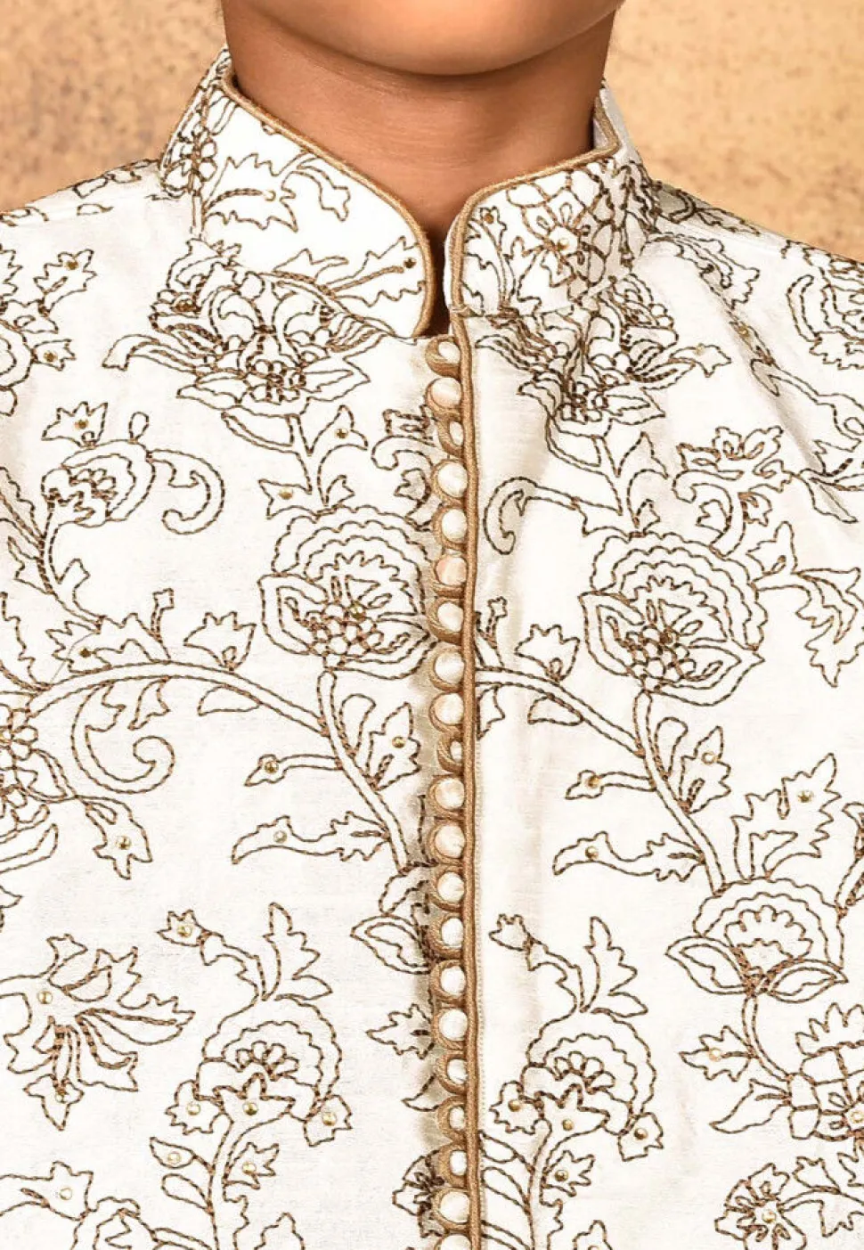 Embroidered Dupion Silk Sherwani Set in Cream